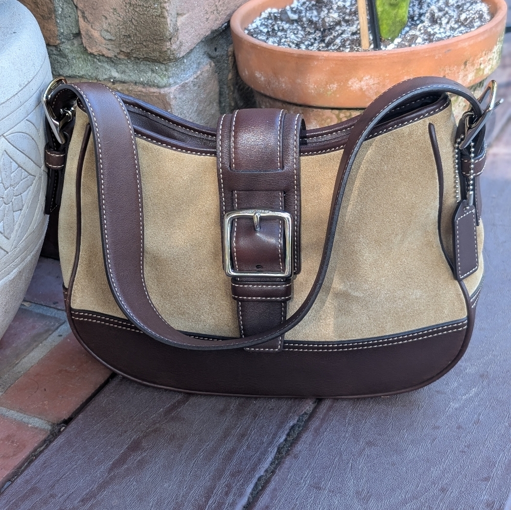 Vintage Y2K Coach Hampton Suede Leather Purse Shoulder Bag 7589 Camel And Brown